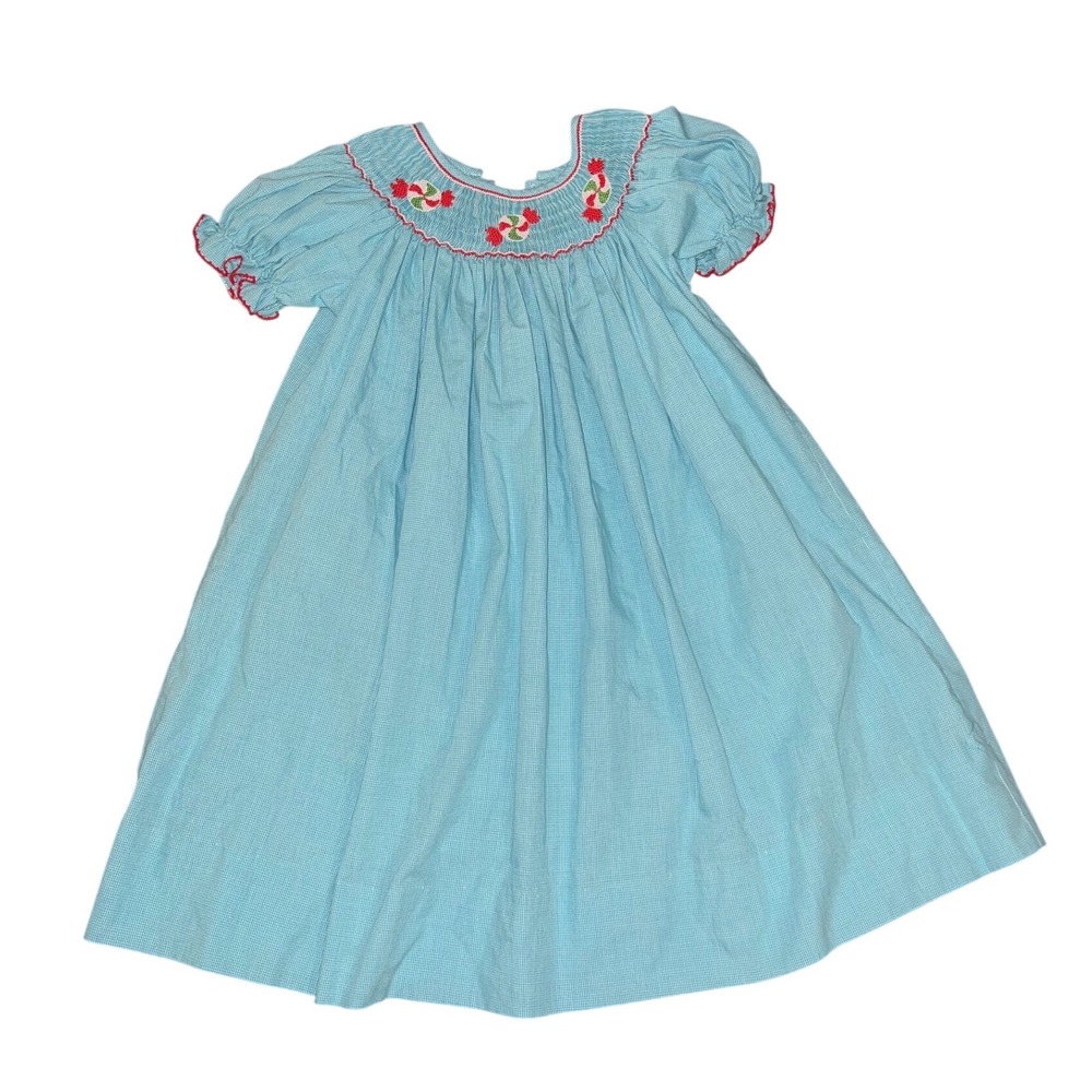 Petite Palace Girls Blue Gingham Smocked Peppermint Candy Christmas Dress Size 3